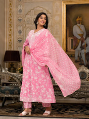 Pink Floral Printed Rayon Kurta, Pant And Dupatta Set With Thread & Sequins Work-J4837PINK_OF