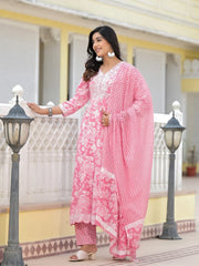 Pink Floral Printed Rayon Kurta, Pant And Dupatta Set With Thread & Sequins Work-J4838PINK_OF