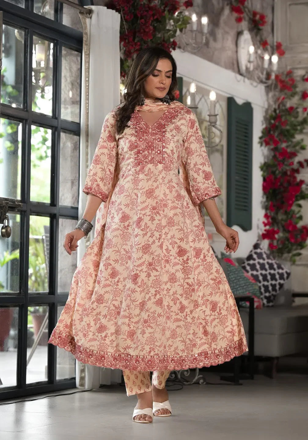 Pink Floral Rayon Kurta Set with Dupatta | Women's Indian Kurta