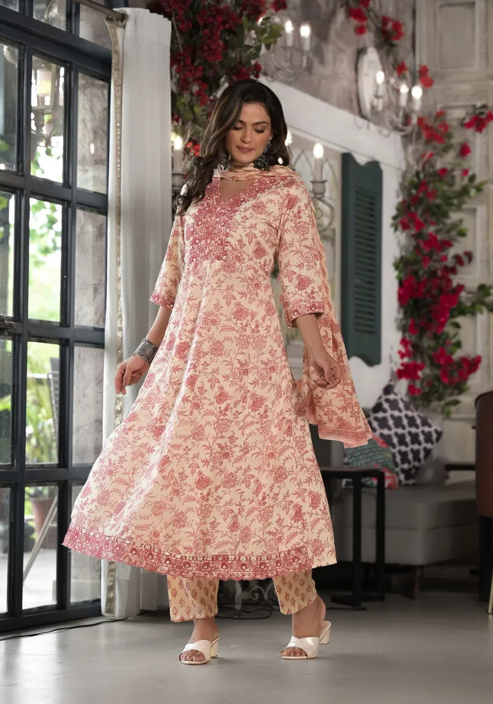 Pink Floral Rayon Kurta Set with Dupatta | Women's Indian Kurta