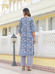 Grey Ethnic Motif Printed Cotton Kurta, Pant And Dupatta Set With Thread & Zari Work-J4846GREY_OF