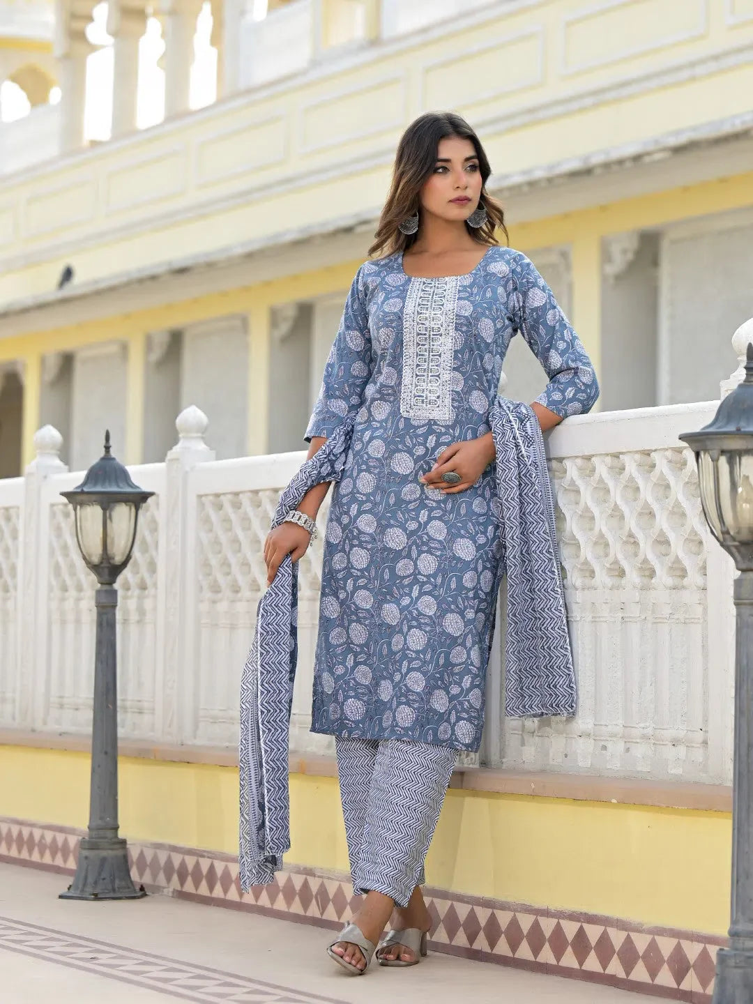 Grey Cotton Kurta Set with Dupatta | Designer Women's Kurta
