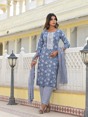 Grey Ethnic Motif Printed Cotton Kurta, Pant And Dupatta Set With Thread & Zari Work-J4846GREY_OF