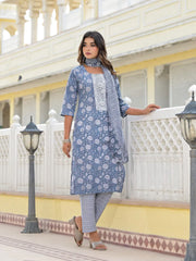 Grey Ethnic Motif Printed Cotton Kurta, Pant And Dupatta Set With Thread & Zari Work-J4846GREY_OF