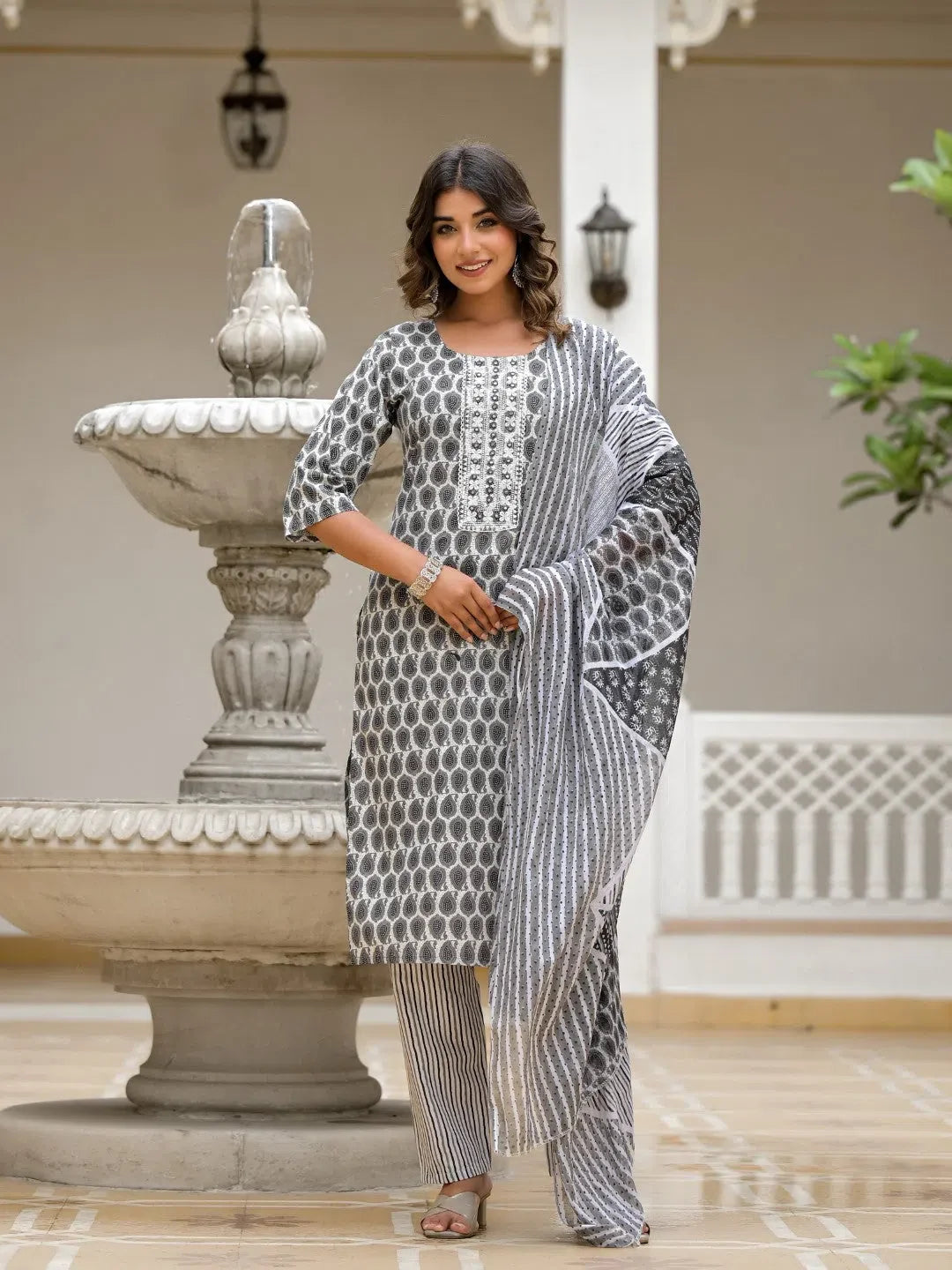 Grey Cotton Kurta Set with Dupatta | Women's Indian Kurta Sets