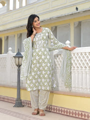 Green Floral Printed Cotton Kurta, Pant And Dupatta Set With Thread & Mirror Work-J4849GREEN_OF