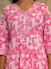 Pink Floral Printed Liva Rayon Kurta Set With Thread & Mirror Work-J4850PINK