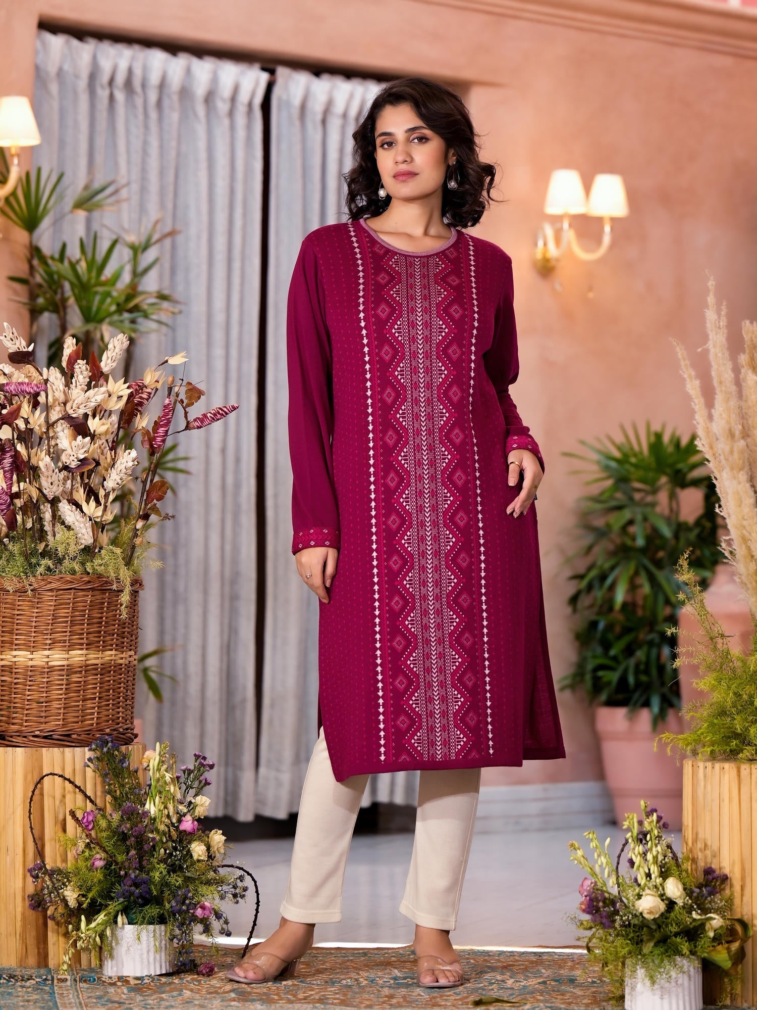 Purple Ethnic Motif Printed Polycotton Winter Wear Kurta | DesiQlo