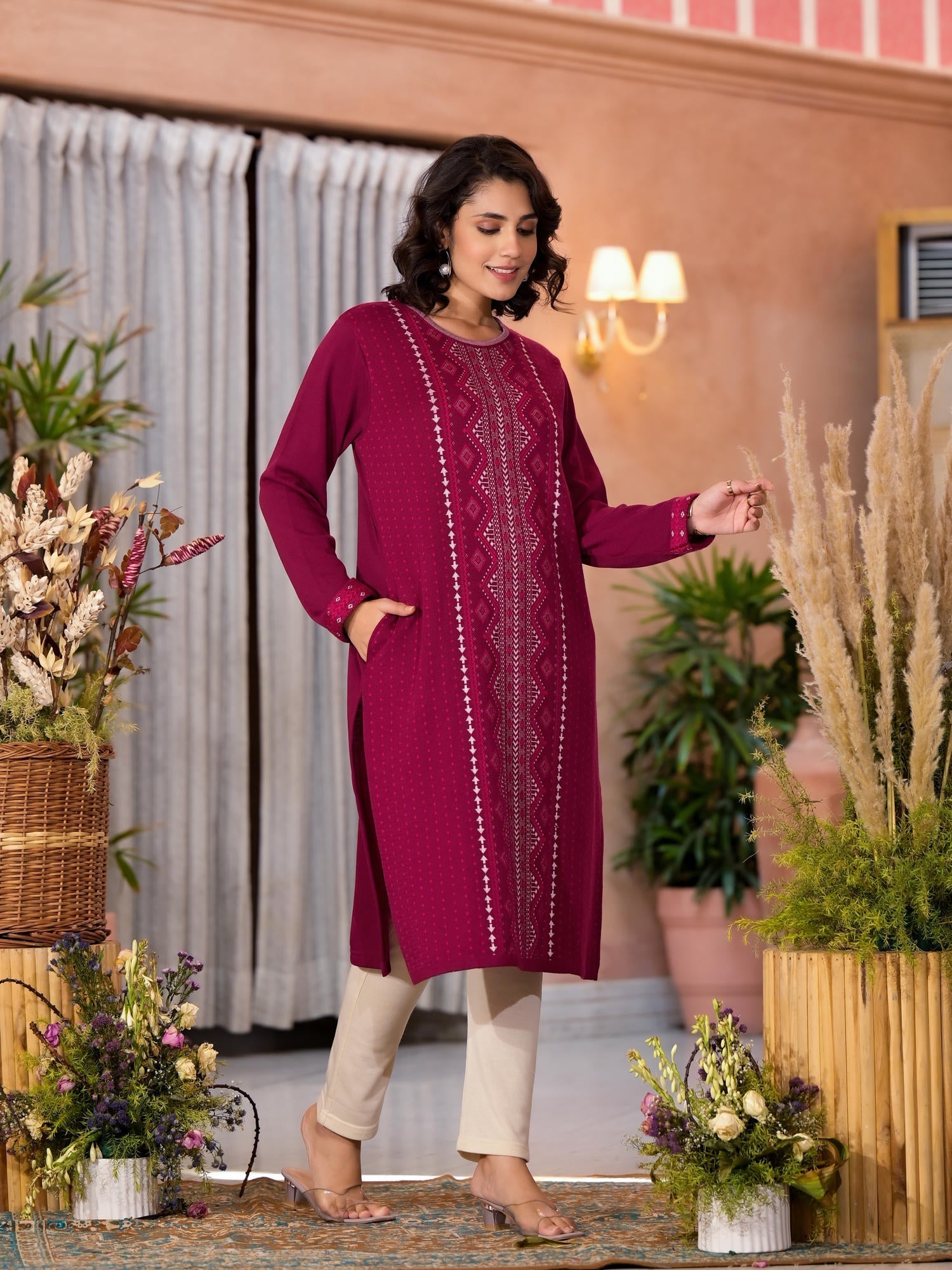 Purple Ethnic Motif Printed Polycotton Winter Wear Kurta | DesiQlo