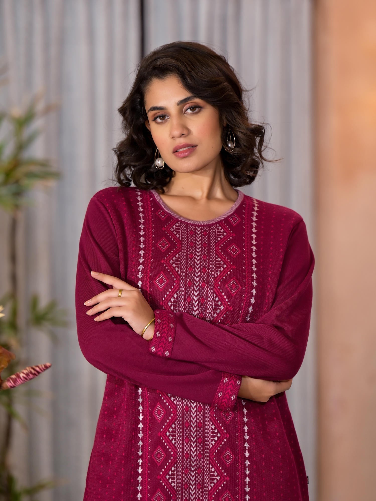 Purple Ethnic Motif Printed Polycotton Winter Wear Kurta | DesiQlo