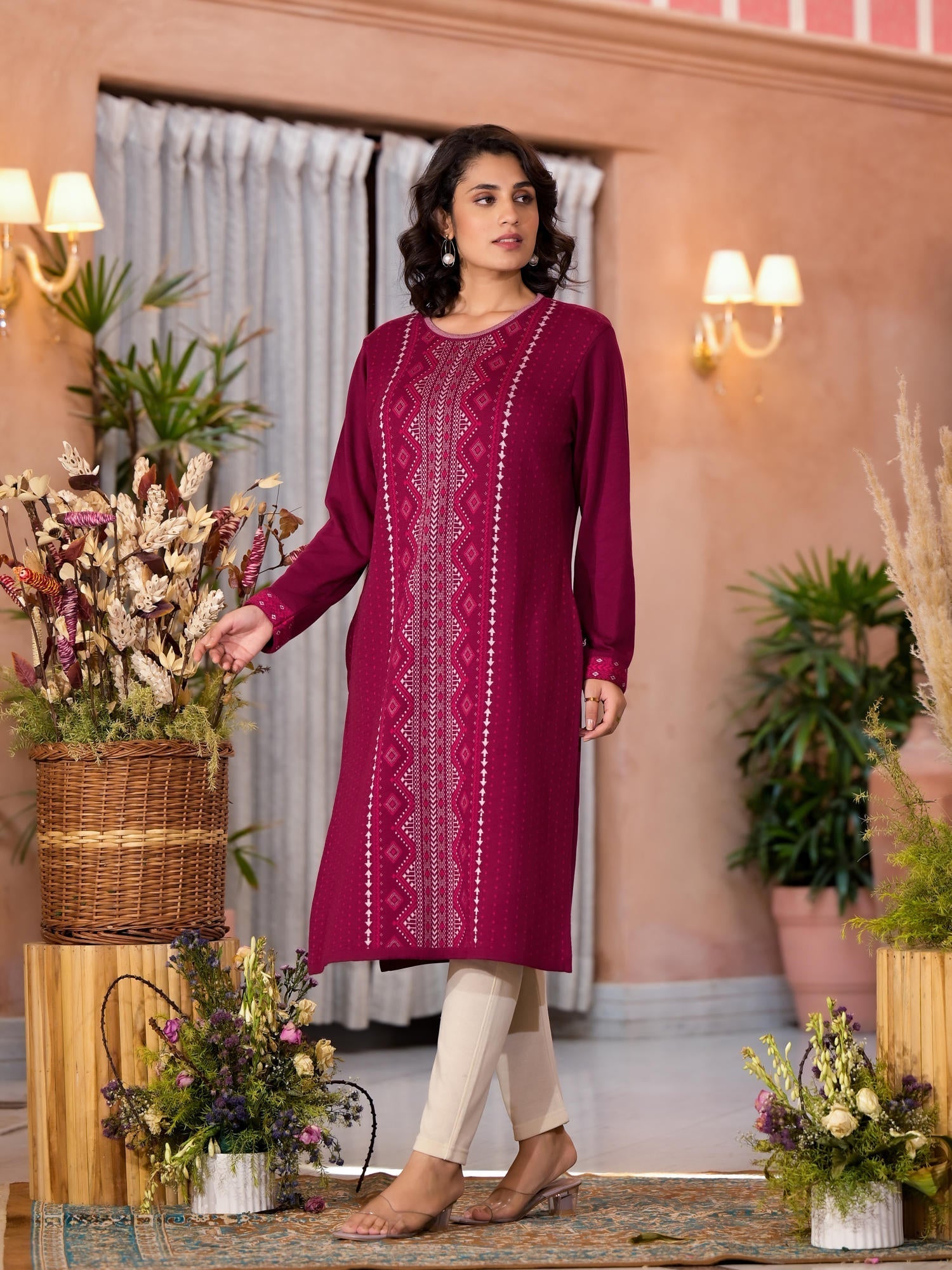 Purple Ethnic Motif Printed Polycotton Winter Wear Kurta | DesiQlo