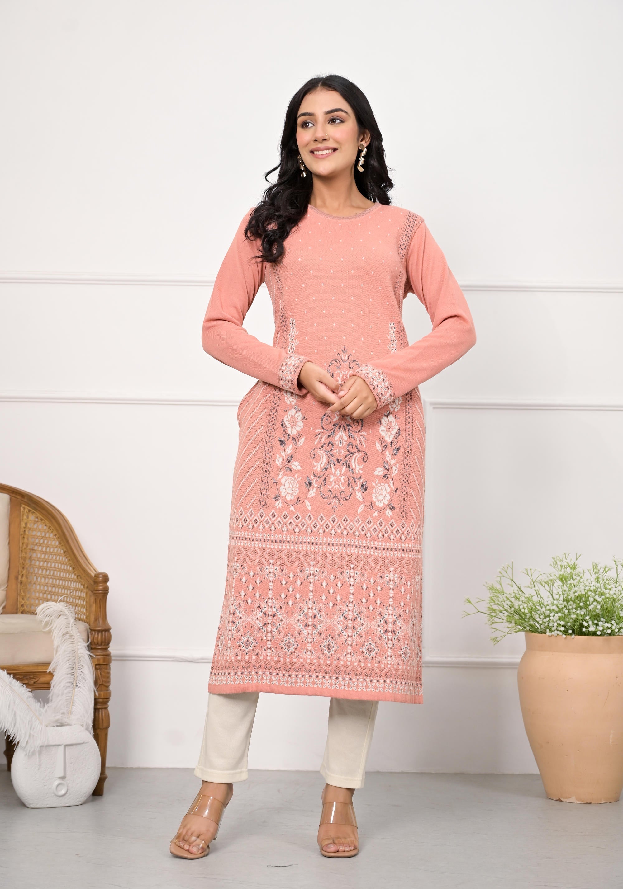 Peach Ethnic Motif Printed Cotton Winter Wear Kurta | DesiQlo