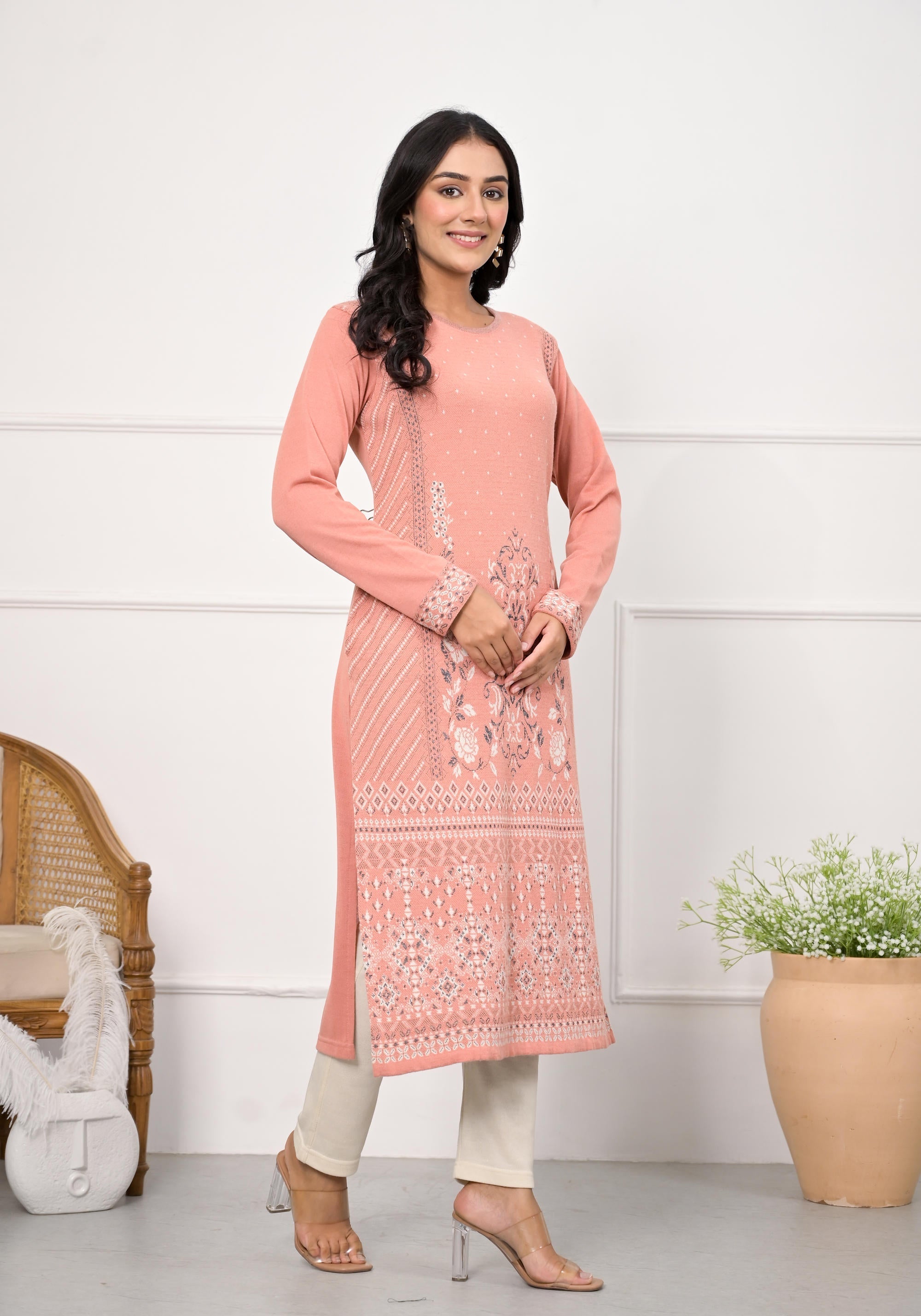 Peach Ethnic Motif Printed Cotton Winter Wear Kurta | DesiQlo