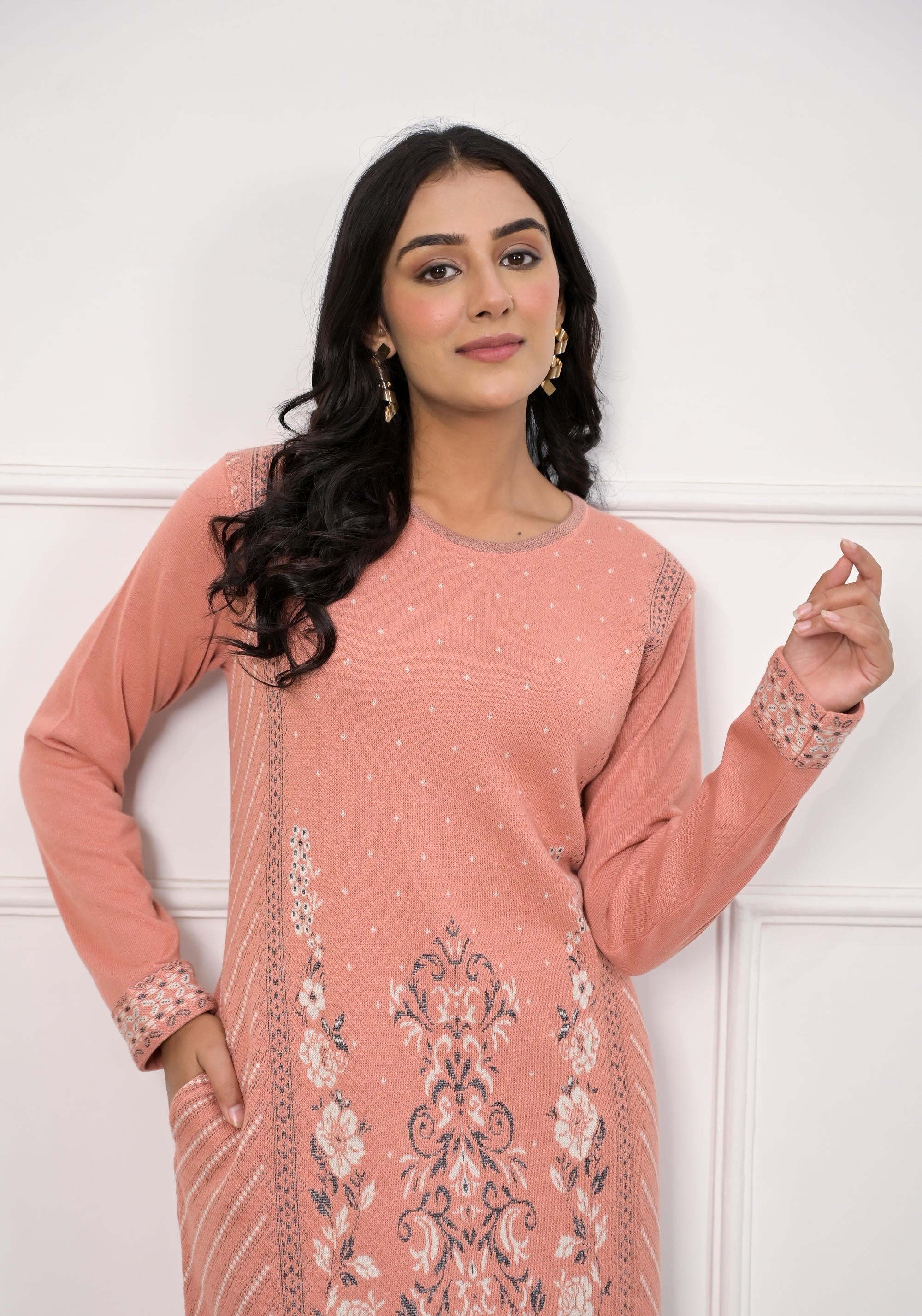 Peach Ethnic Motif Printed Cotton Winter Wear Kurta | DesiQlo