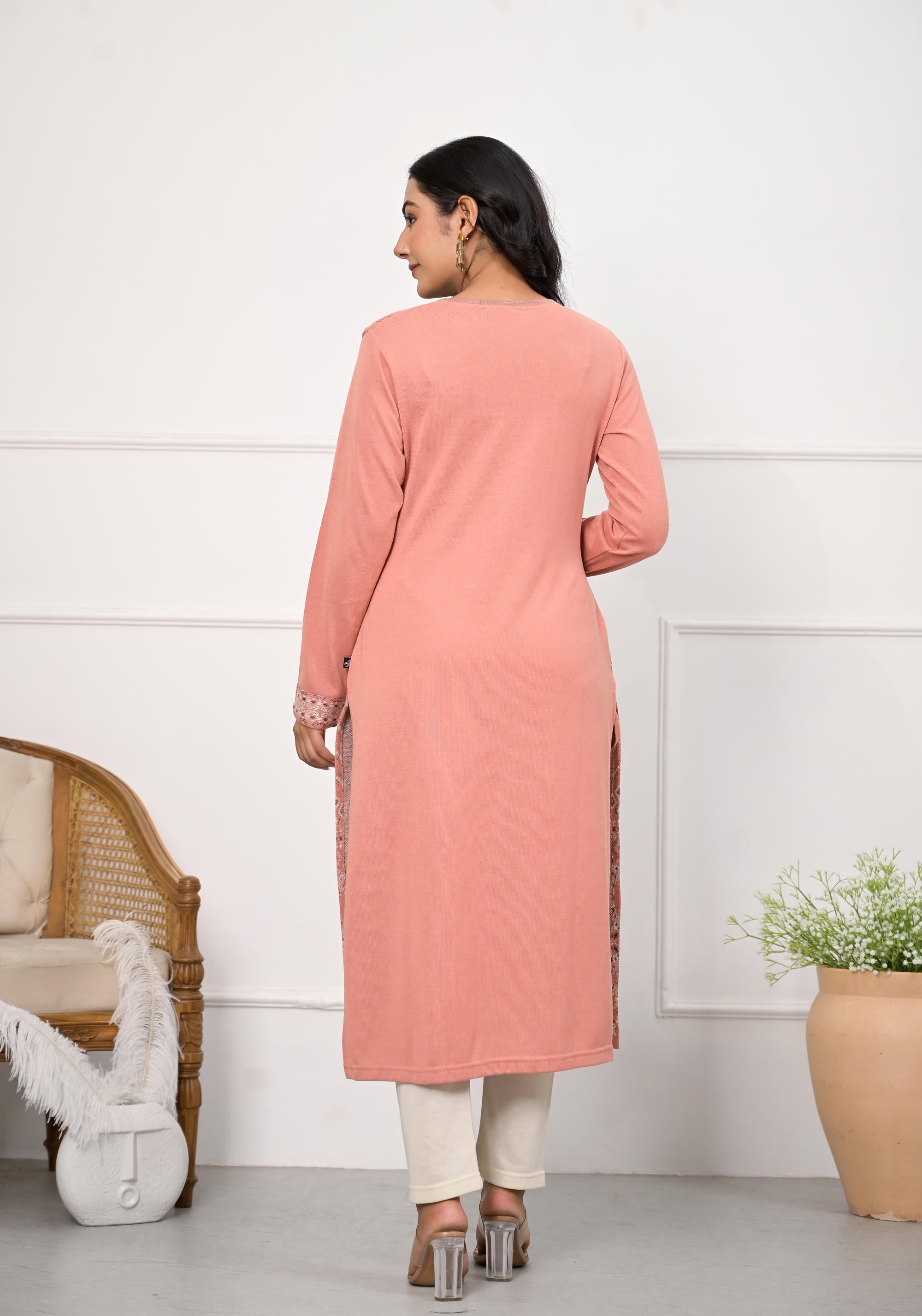 Peach Ethnic Motif Printed Cotton Winter Wear Kurta | DesiQlo