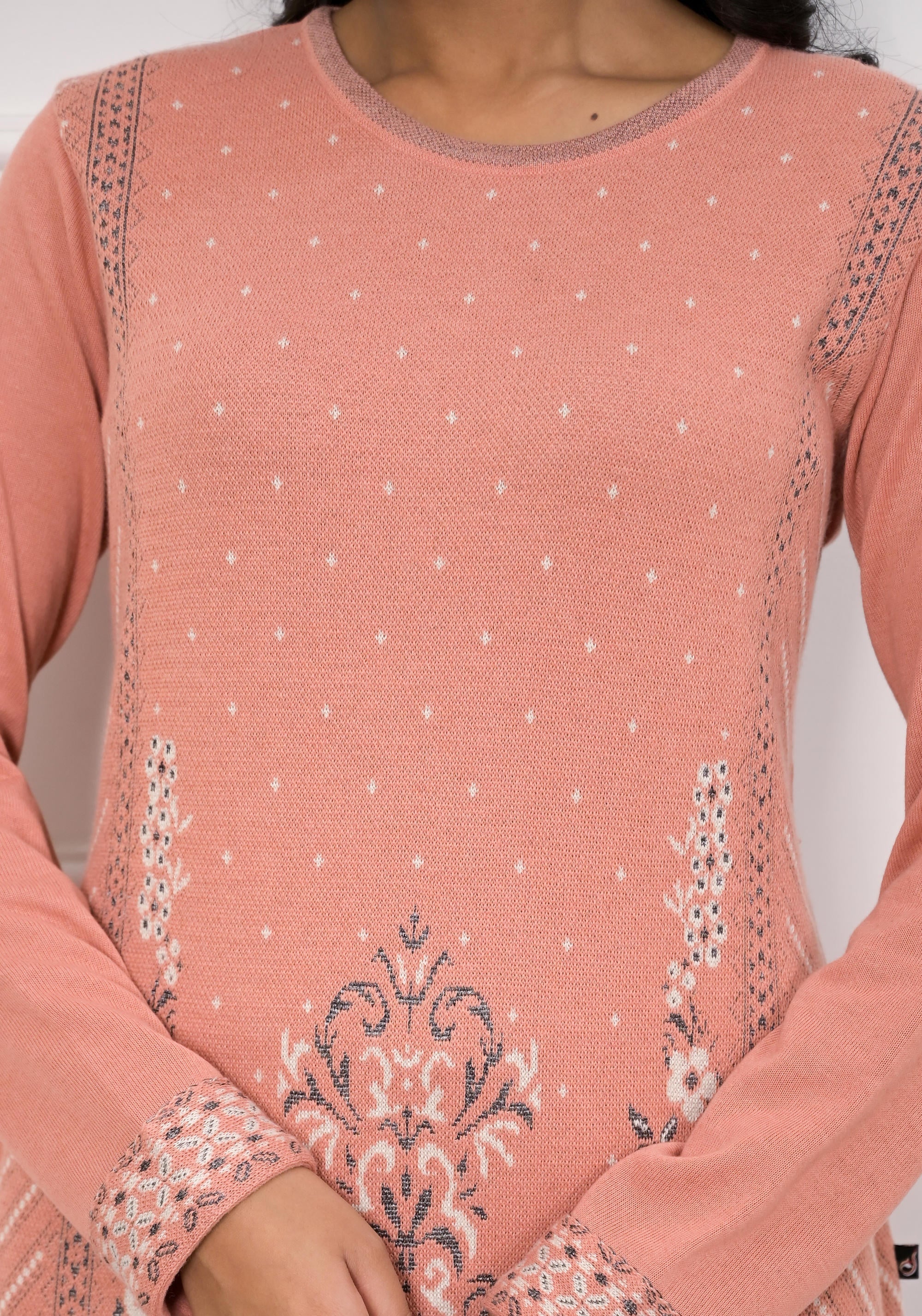 Peach Ethnic Motif Printed Cotton Winter Wear Kurta | DesiQlo