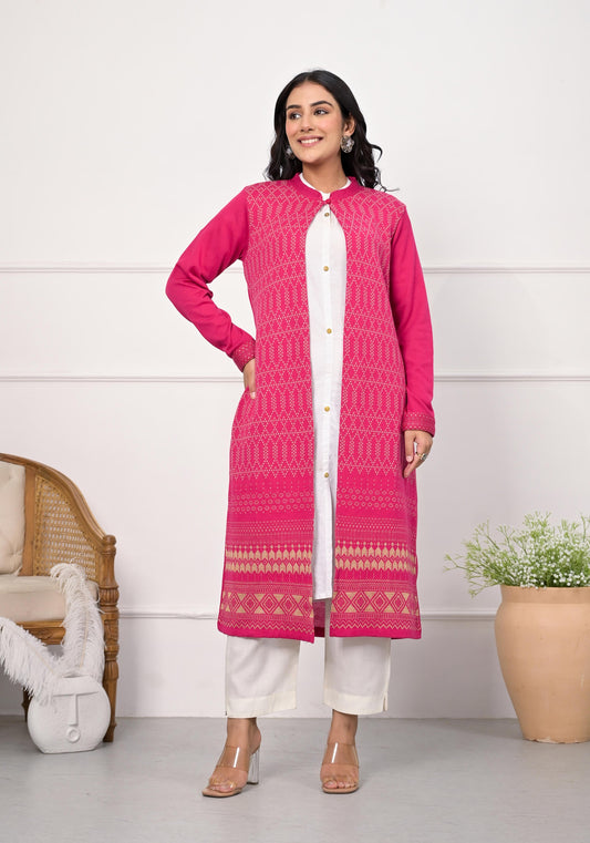 Pink Ethnic Motif Printed Cotton Long Winter Wear Jacket-J4881PINK 2000