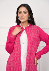 Pink Ethnic Motif Printed Cotton Long Winter Wear Jacket-J4881PINK