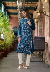 Blue Floral Printed Polycotton Winter Wear Kurta-J4884BLUE