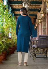 Blue Floral Printed Polycotton Winter Wear Kurta-J4884BLUE