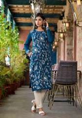 Blue Floral Printed Polycotton Winter Wear Kurta-J4884BLUE