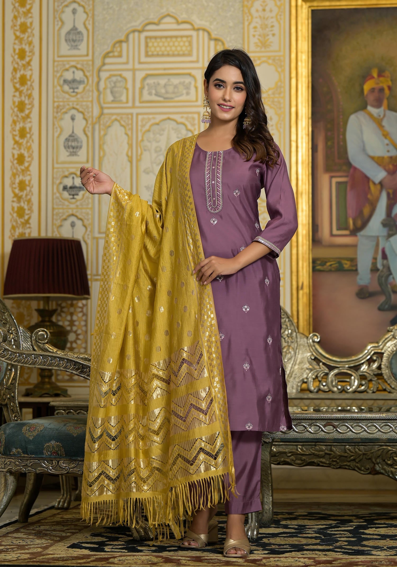Onion Pink Zari Embroidered Viscose Kurta Pant And Dupatta Set With Se