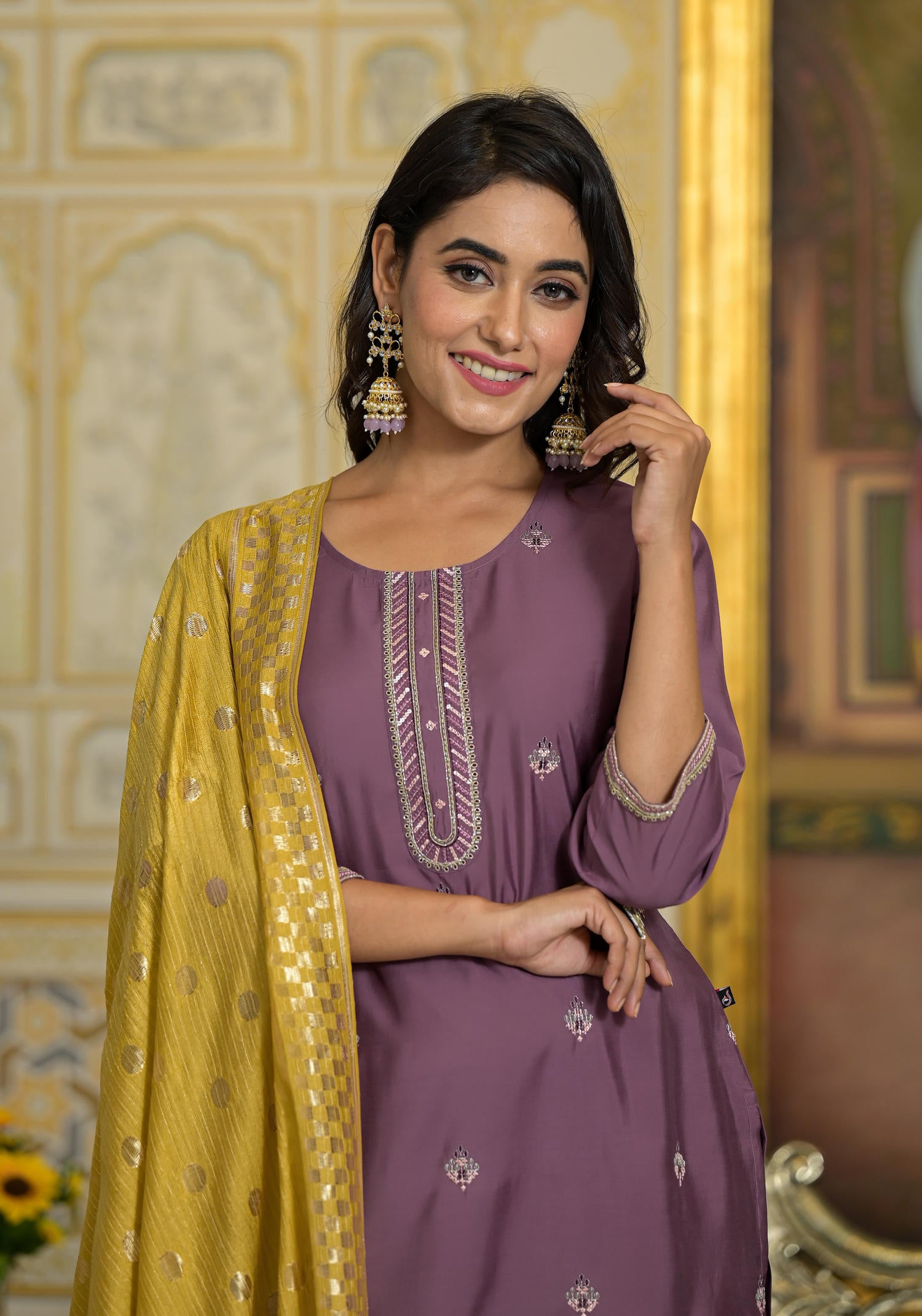 Onion Pink Zari Embroidered Viscose Kurta Pant And Dupatta Set With Se