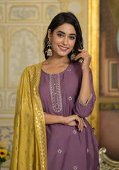 Onion Pink Zari Embroidered Viscose Kurta Pant And Dupatta Set With Sequins Work