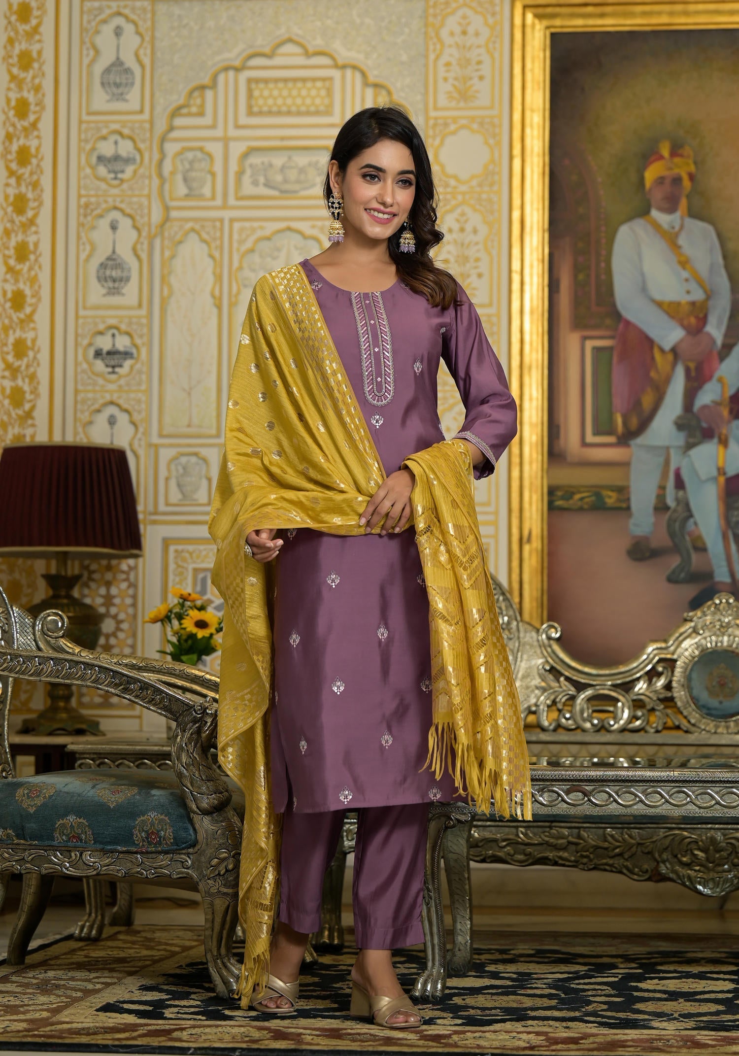 Onion Pink Zari Embroidered Viscose Kurta Pant And Dupatta Set With Se