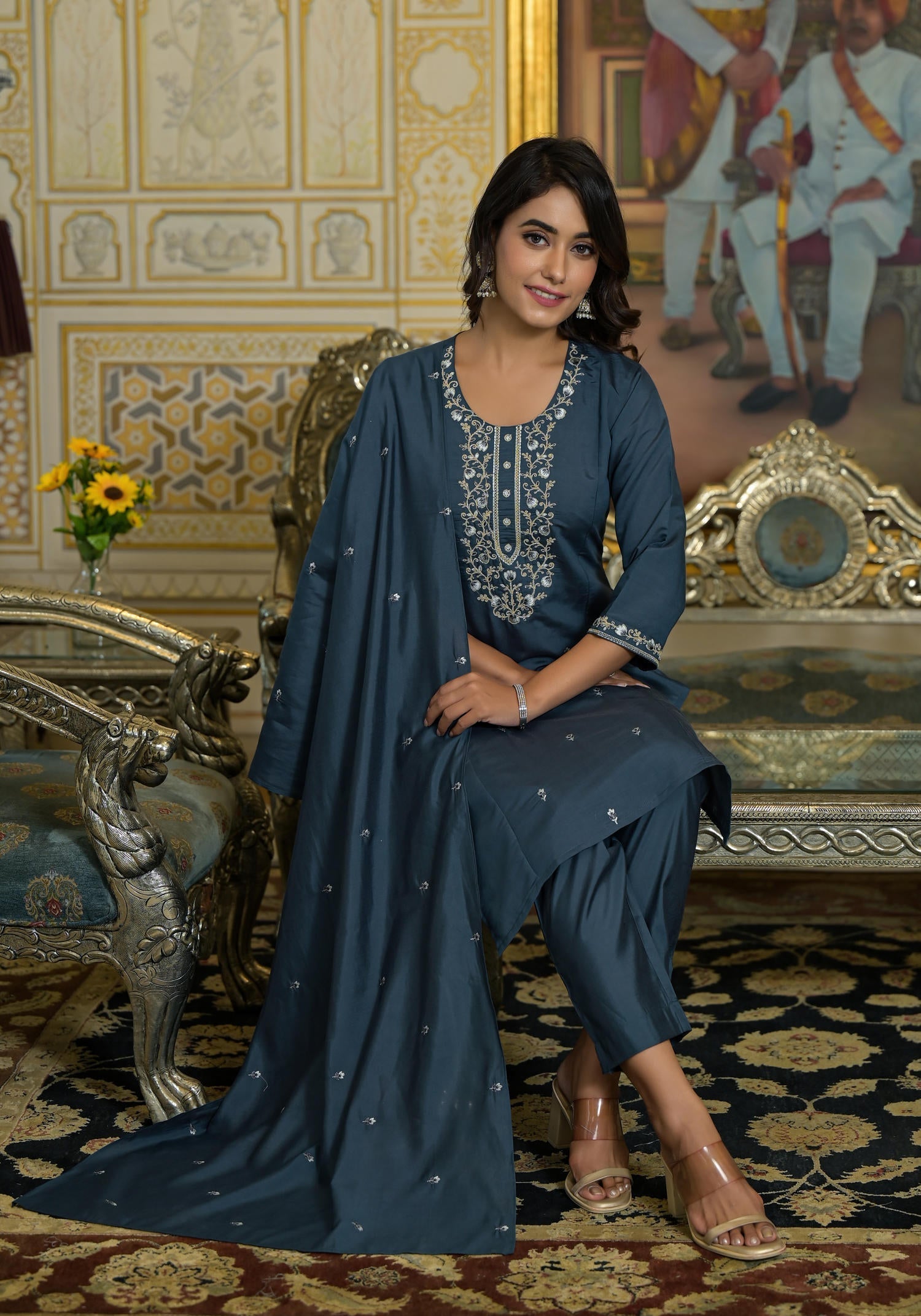 Grey Thread & Zari Embroidered Viscose Kurta Pant And Dupatta Set | De