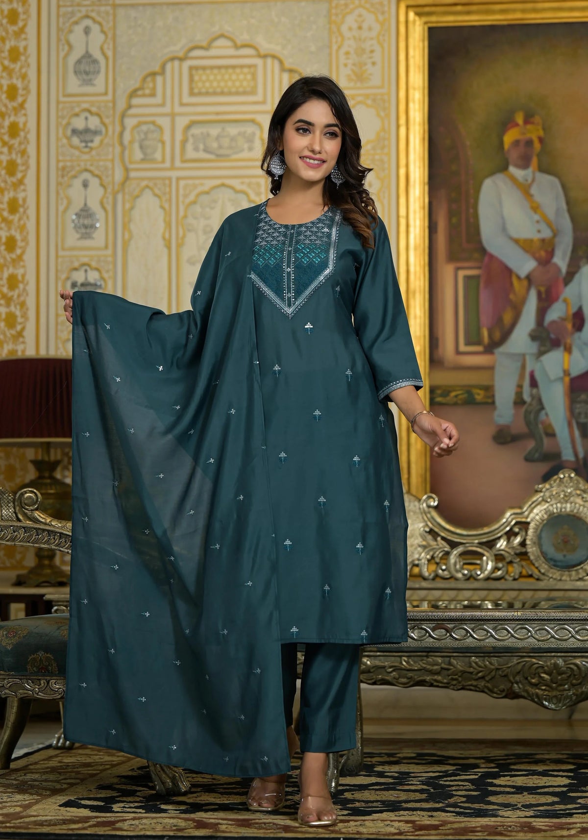 Rama Green Thread Embroidered Viscose Kurta Pant And Dupatta Set With Sequins Work-J4895RAMAGREEN