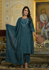 Rama Green Thread Embroidered Viscose Kurta Pant And Dupatta Set With Sequins Work-J4895RAMAGREEN