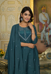 Rama Green Thread Embroidered Viscose Kurta Pant And Dupatta Set With Sequins Work-J4895RAMAGREEN