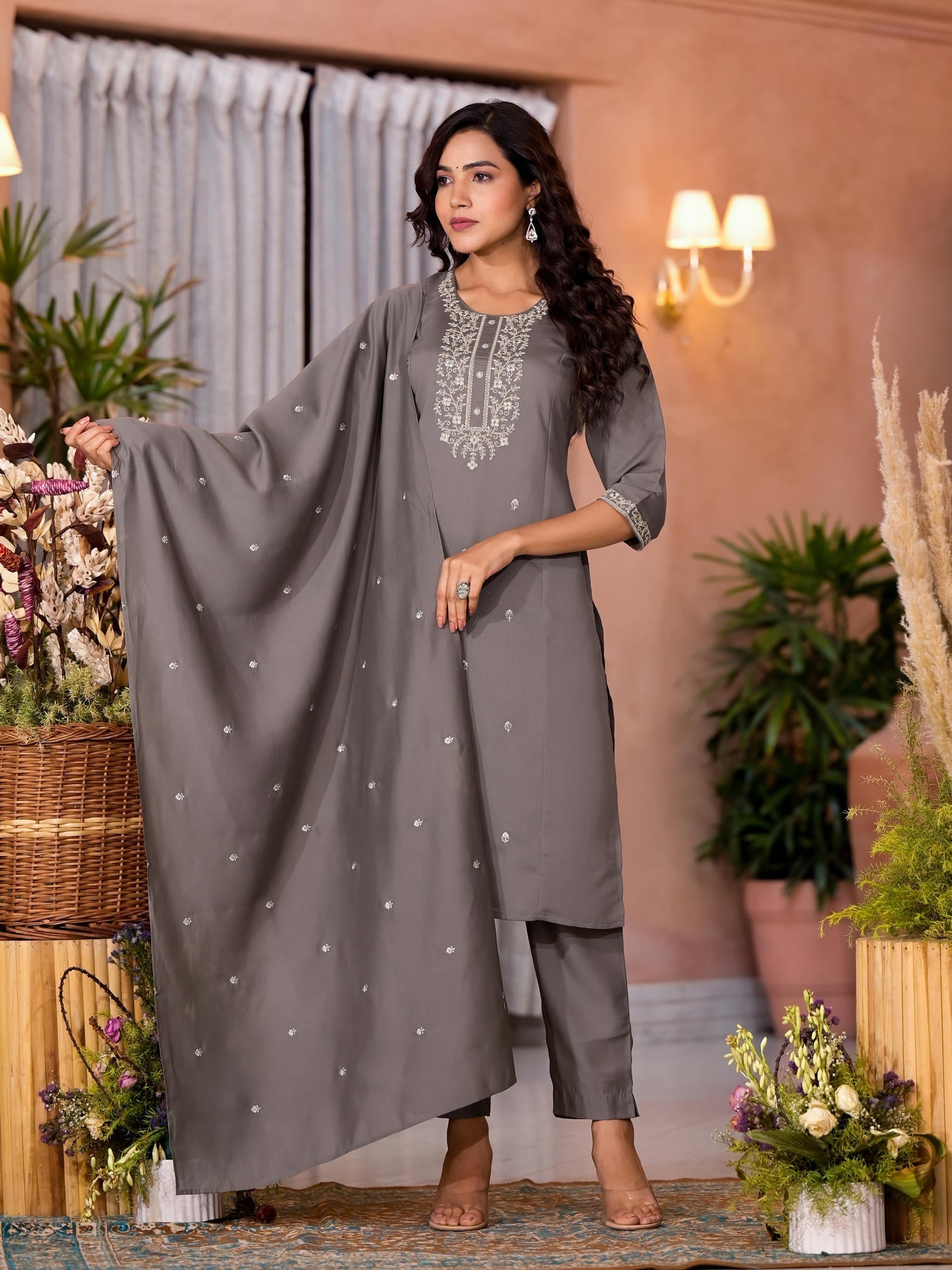 Dark Grey Zari Embroidered Viscose Kurta Pant And Dupatta Set | DesiQl