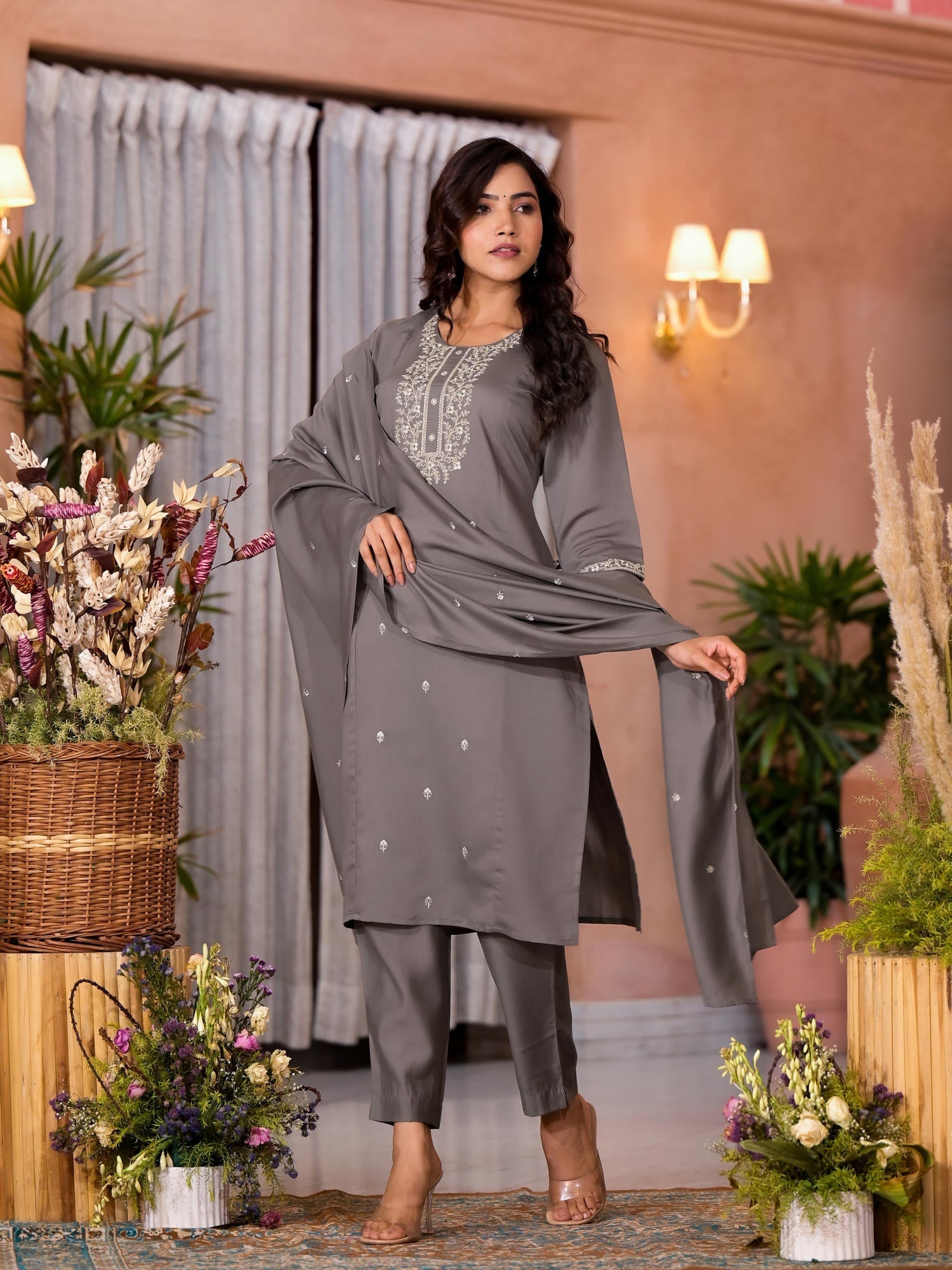 Dark Grey Zari Embroidered Viscose Kurta Pant And Dupatta Set | DesiQl