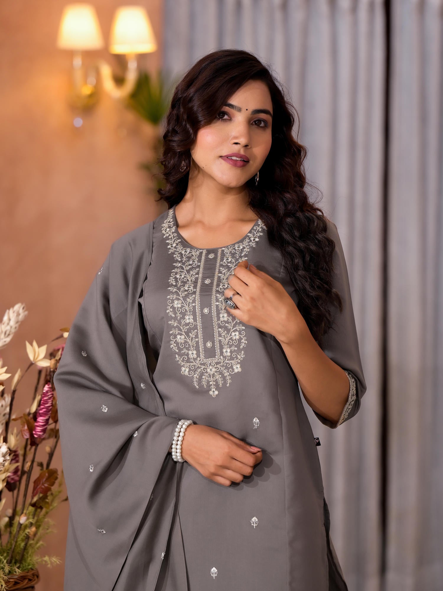 Dark Grey Zari Embroidered Viscose Kurta Pant And Dupatta Set | DesiQl