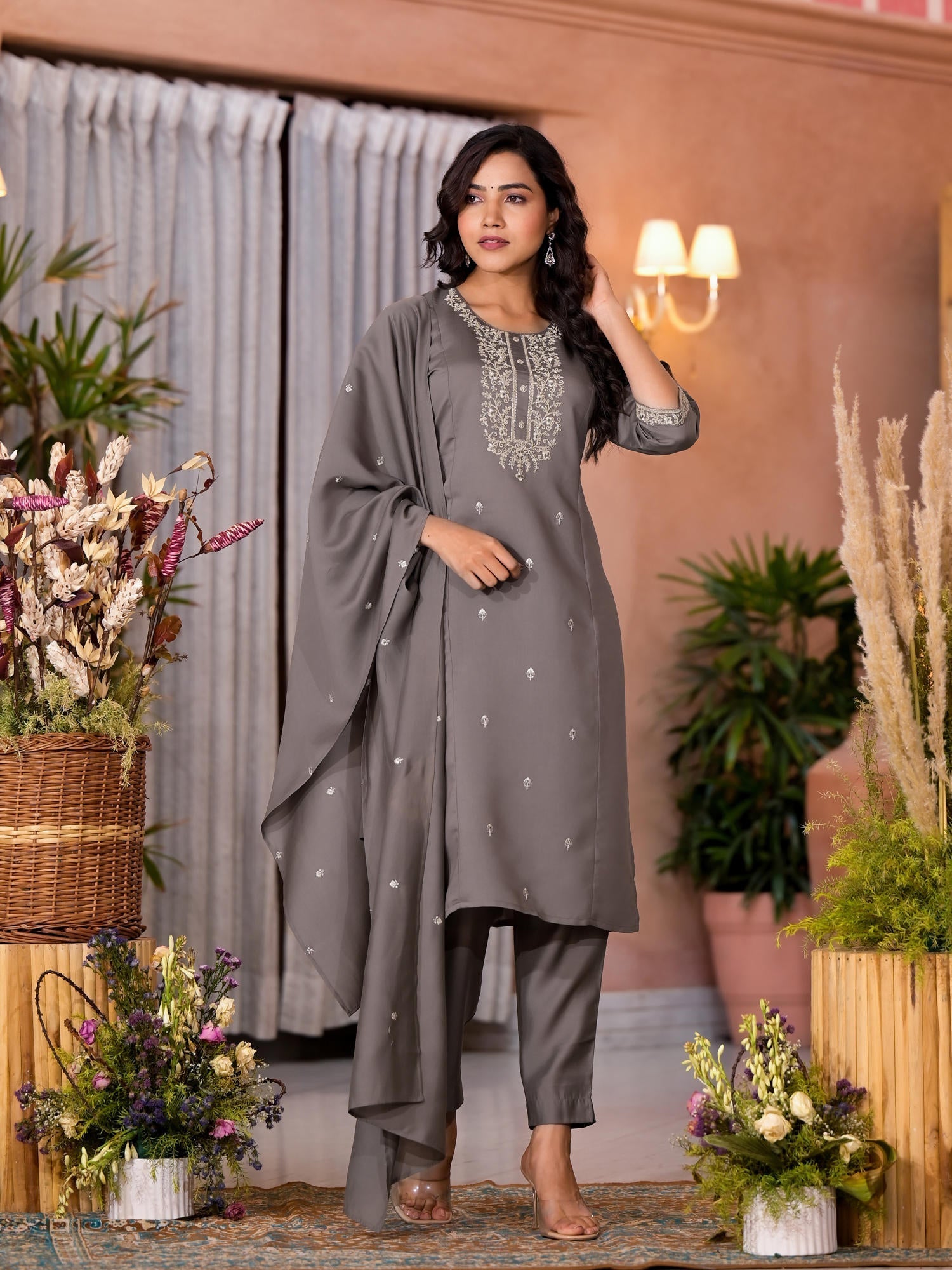 Dark Grey Zari Embroidered Viscose Kurta Pant And Dupatta Set | DesiQl