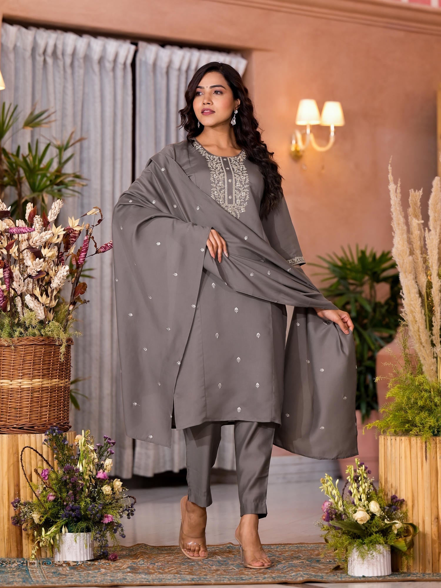 Dark Grey Zari Embroidered Viscose Kurta Pant And Dupatta Set | DesiQl