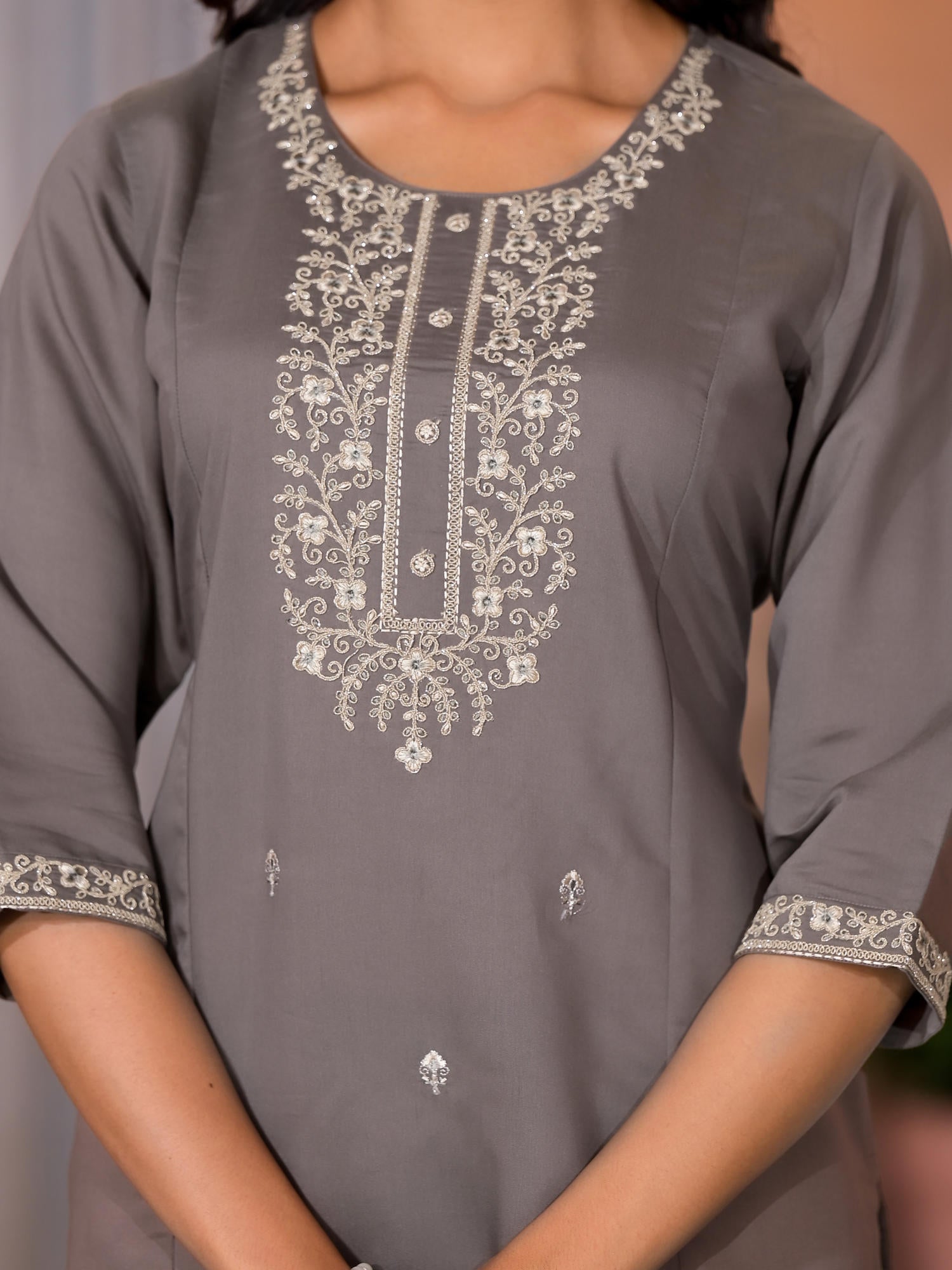 Dark Grey Zari Embroidered Viscose Kurta Pant And Dupatta Set | DesiQl