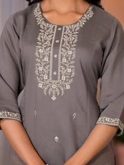 Dark Grey Zari Embroidered Viscose Kurta Pant And Dupatta Set