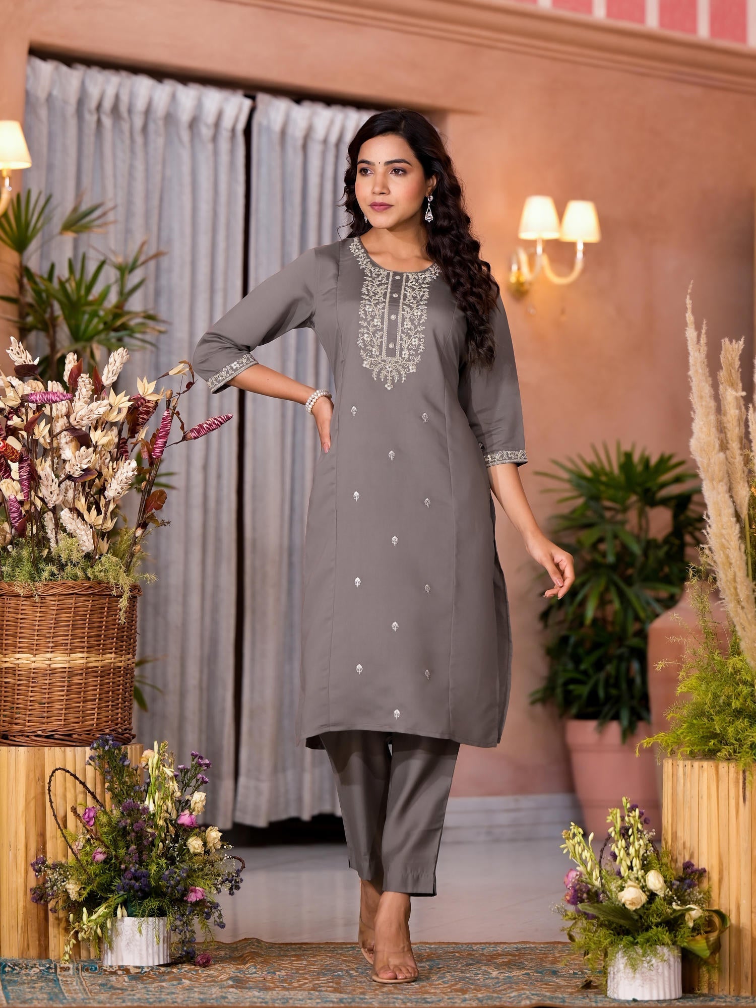 Dark Grey Zari Embroidered Viscose Kurta Pant And Dupatta Set | DesiQl