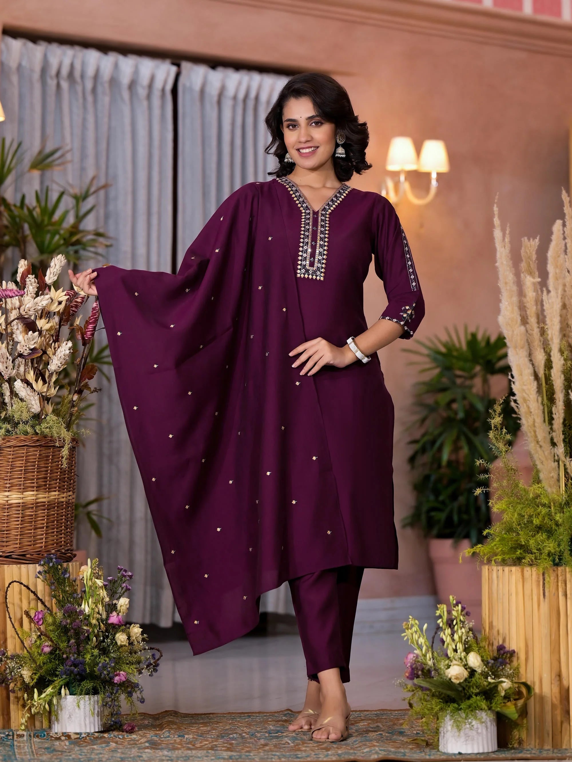 Wine Embroidered Viscose Indian Kurta Set with Dupatta