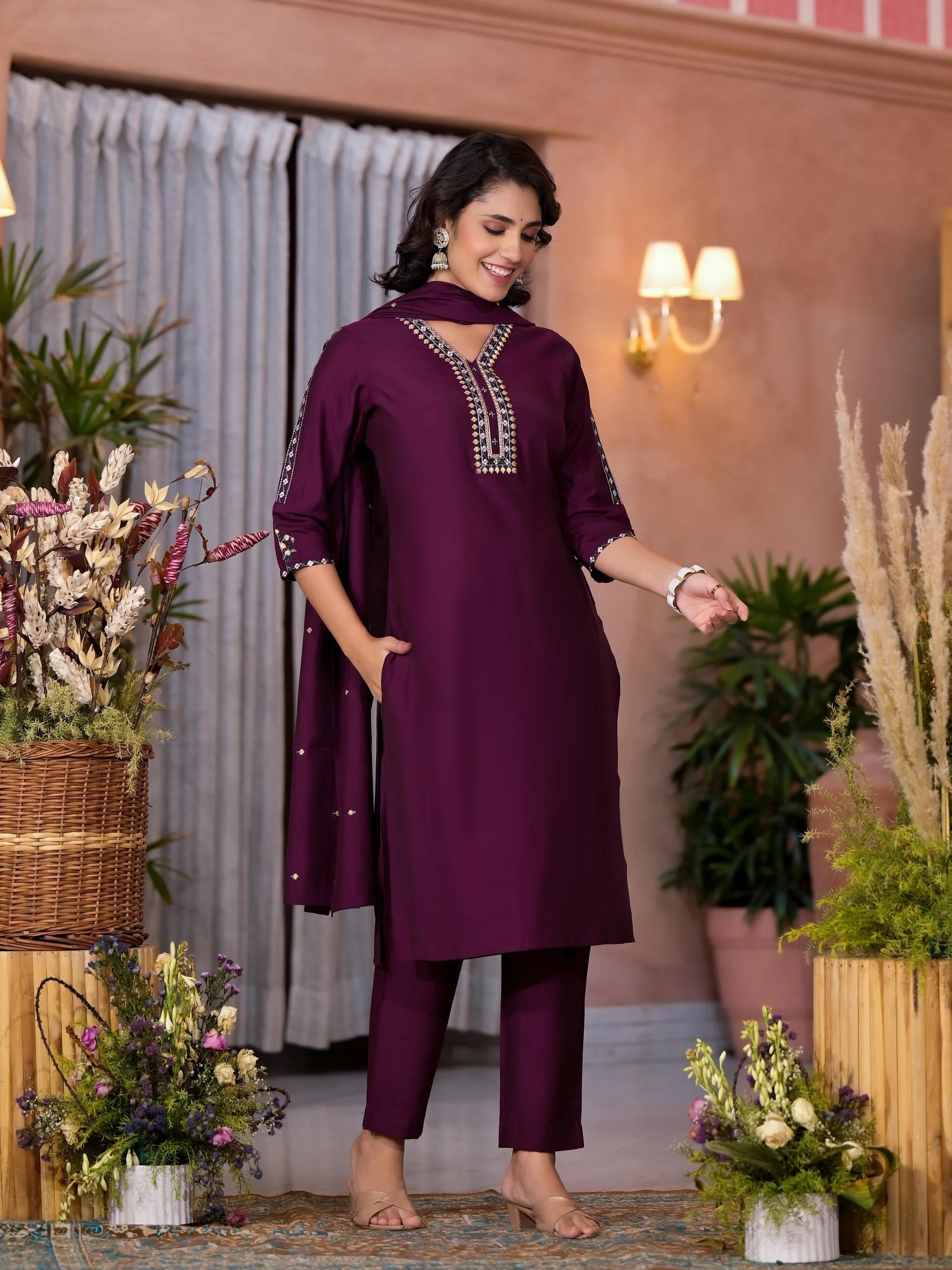 Wine Embroidered Viscose Indian Kurta Set with Dupatta