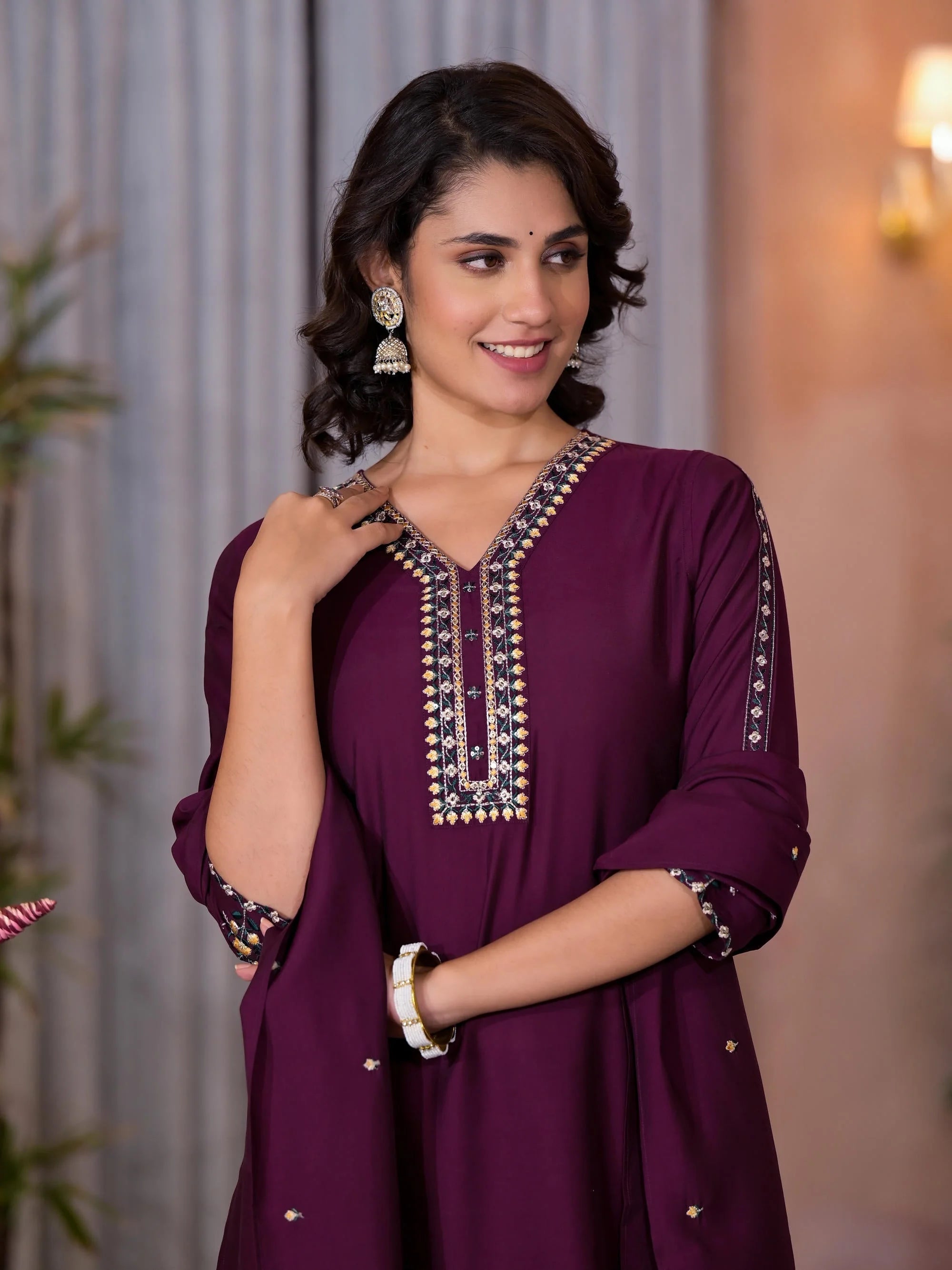 Wine Embroidered Viscose Indian Kurta Set with Dupatta