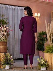 Wine Thread Embroidered Viscose Kurta Pant And Dupatta Set With Sequins Work & Zari Work-J4897WINE