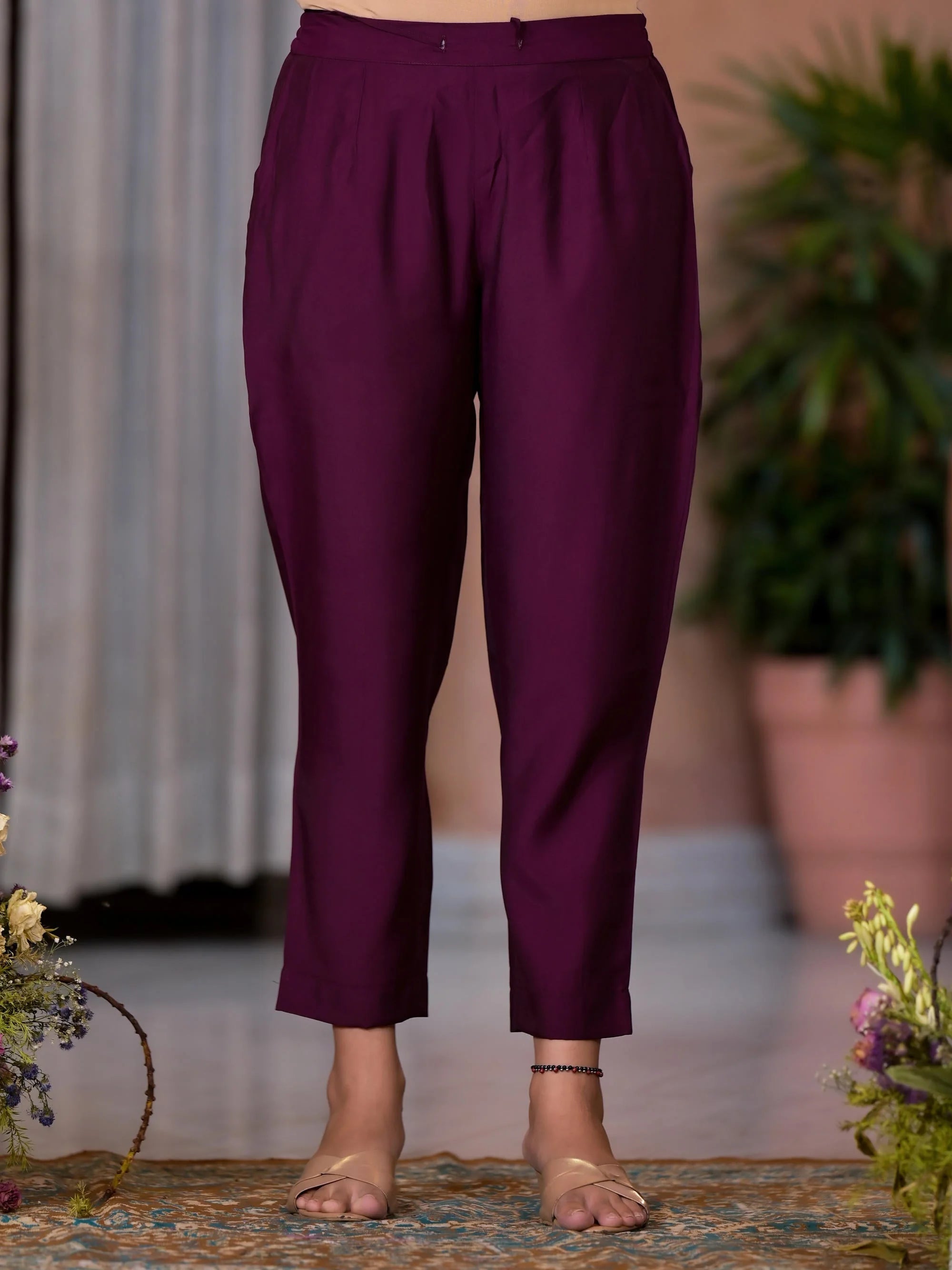 Wine Embroidered Viscose Indian Kurta Set with Dupatta