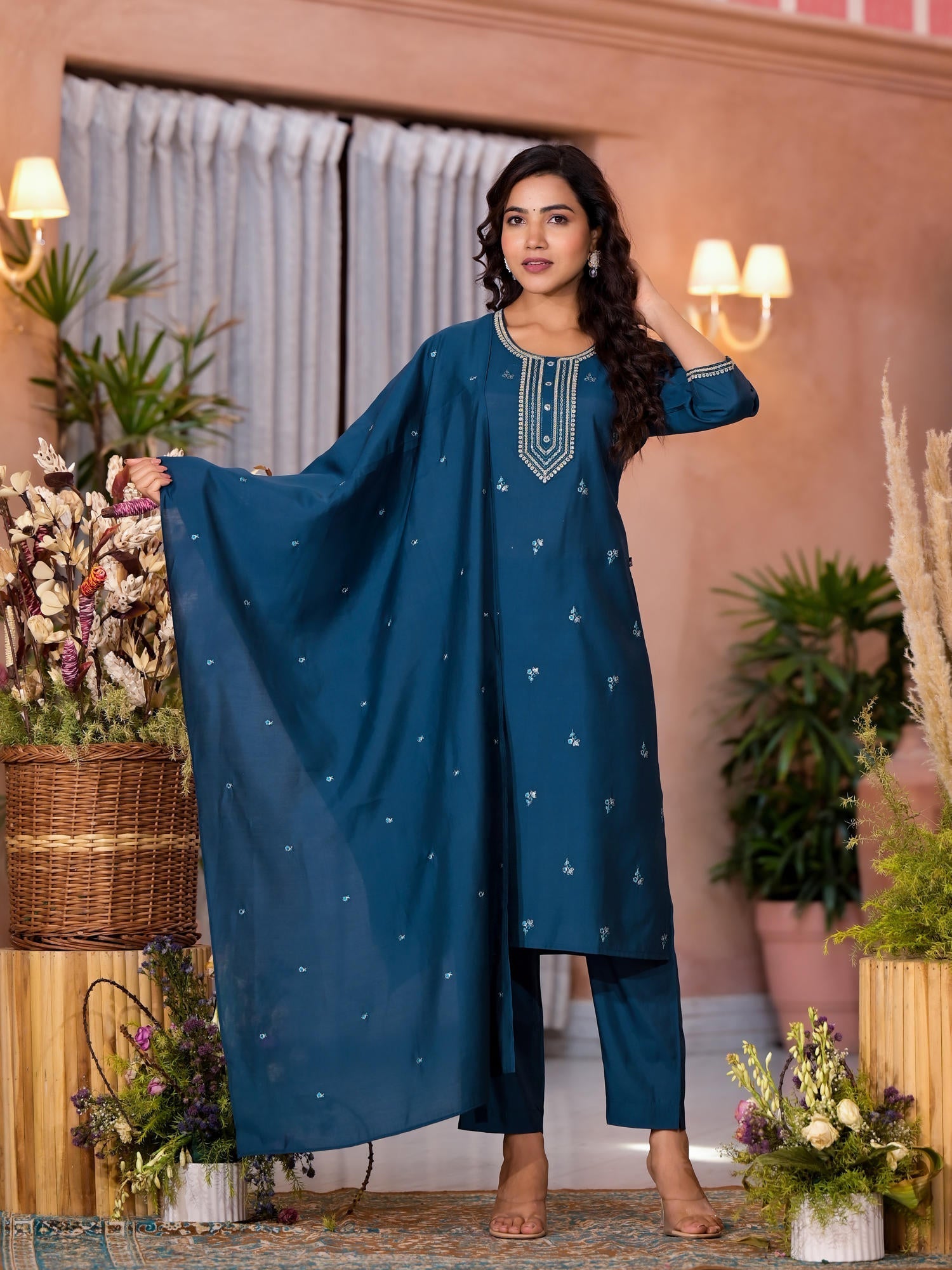 Teal Thread Work Embroidered Viscose Kurta Pant And Dupatta Set With B