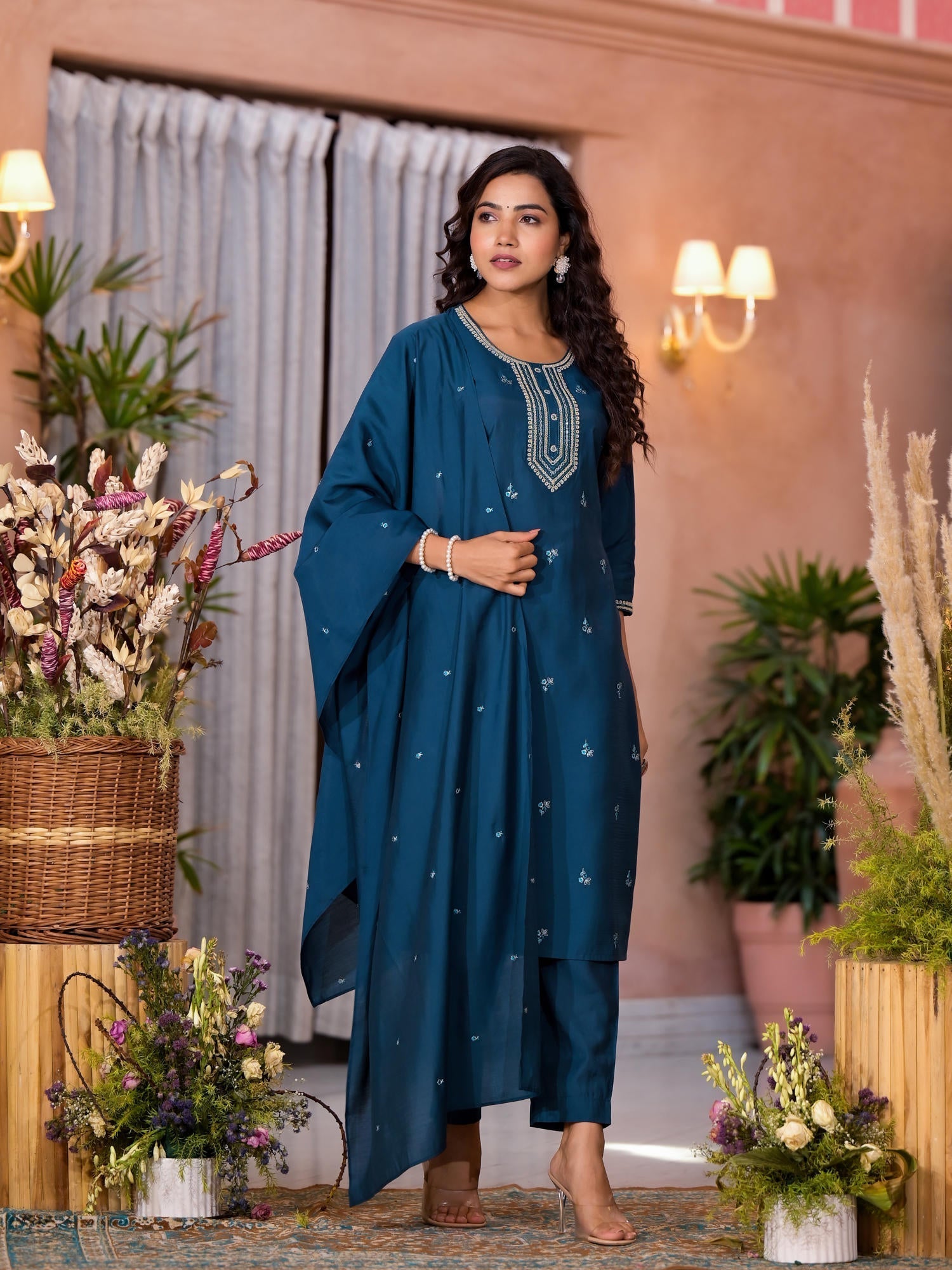 Teal Thread Work Embroidered Viscose Kurta Pant And Dupatta Set With B