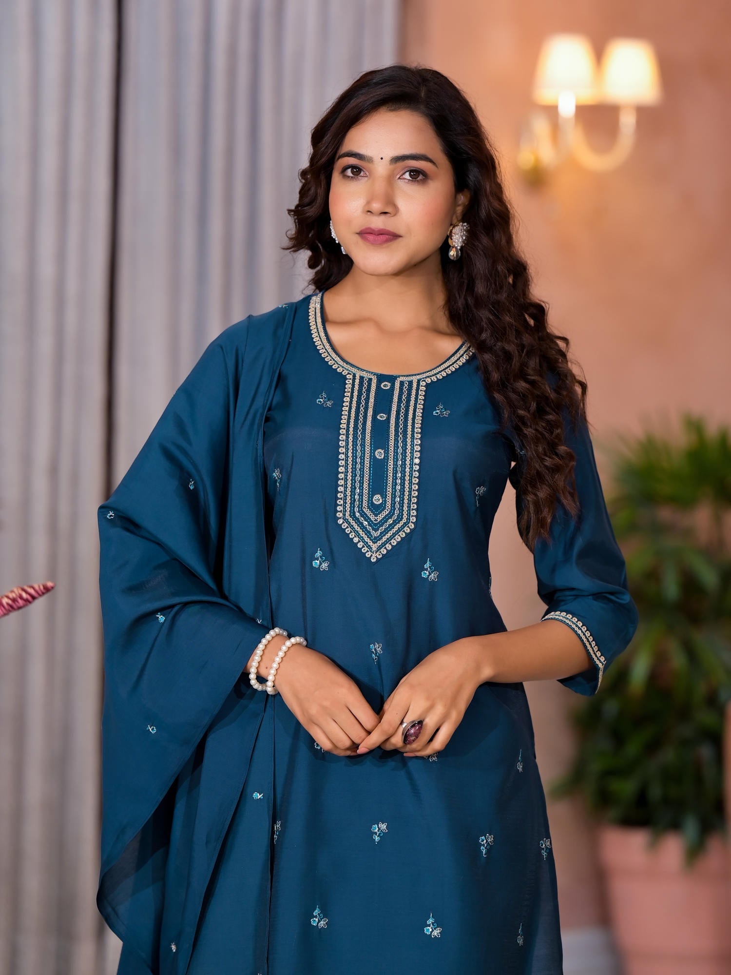 Teal Thread Work Embroidered Viscose Kurta Pant And Dupatta Set With B