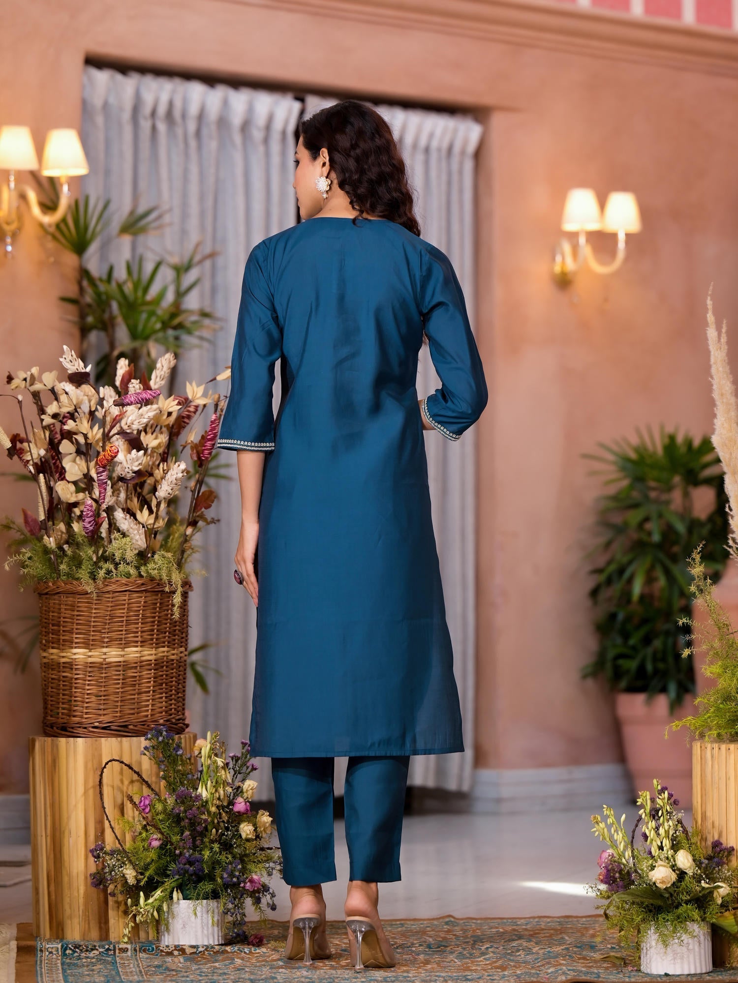 Teal Thread Work Embroidered Viscose Kurta Pant And Dupatta Set With B